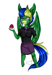 Size: 928x1333 | Tagged: safe, artist:world-of-mushrooms, oc, oc only, oc:princess singularity, demon, demon pony, original species, anthro, unguligrade anthro, bat wings, clothes, cupcake, female, food, freckles, glasses, grin, horn, multiple horns, one eye closed, signature, simple background, skirt, smiling, solo, white background, white eyes, wings, wink