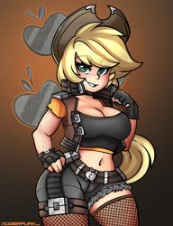 Size: 1000x1300 | Tagged: safe, artist:ciderpunk, applejack, human, belly button, big breasts, breasts, busty applejack, choker, cleavage, clothes, cyberpunk, eyebrows, eyebrows visible through hair, female, fingerless gloves, fishnets, gloves, humanized, midriff, outfit, shorts, solo, vest