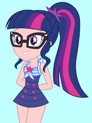 Size: 1536x2048 | Tagged: safe, artist:draymanor57, color edit, edit, editor:michaelsety, sci-twi, twilight sparkle, equestria girls, g4, clothes, human coloration, light skin edit, skin color edit, sleeveless, solo, swimsuit