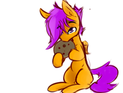 Size: 1440x1080 | Tagged: safe, artist:anonymous, scootaloo, pegasus, pony, g4, 4chan, blank flank, chocolate, chocolate chip cookie, cookie, cute, cutealoo, drawthread, eating, eyebrows, eyebrows visible through hair, female, filly, food, head down, looking up, missing cutie mark, simple background, solo, white background