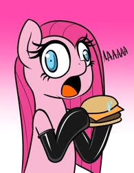 Size: 666x852 | Tagged: safe, artist:angryburger, derpibooru exclusive, pinkie pie, earth pony, pony, g4, blank expression, burger, cheeseburger, clothes, derp face, evening gloves, food, gloves, hamburger, latex, latex gloves, latex socks, latex stockings, long gloves, meat, pinkamena diane pie, ponies eating meat, shrunken pupils, socks, solo, sweat, sweatdrop