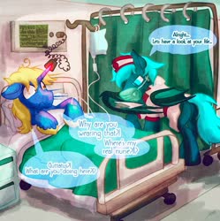 Size: 1600x1604 | Tagged: safe, artist:tiothebeetle, oc, oc only, oc:cure wounds, oc:guttatus, bat pony, pony, unicorn, amber eyes, bat wings, bed, blanket, blue eyes, butt, cabinet, clothes, commission, coronavirus, covid-19, crossdressing, curtains, cute, cute little fangs, dialogue, fangs, hat, heartbeat, hospital, hospital bed, impersonating, indoors, iv drip, male, mask, medical, membranous wings, nurse hat, nurse outfit, oxygen, pillow, plot, ppe, pulseoxy, scared, sick, signature, skirt, slit pupils, surgical mask, surprised, talking, temperature, text, under the covers, unwell, virus, wheel, wing hold, wings