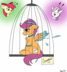 Size: 1280x1373 | Tagged: safe, artist:monsoonvisionz, apple bloom, scootaloo, sweetie belle, earth pony, pegasus, pony, unicorn, g4, cage, collar, colored wings, colored wingtips, confused, cutiemarking, feather, female, filly, implied rainbow dash, laughing, scootaloo is not amused, simple background, sitting, spread wings, two toned wings, unamused, white background, wings, wristband