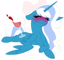Size: 1000x939 | Tagged: safe, artist:blankfandoms, oc, oc only, oc:fleurbelle, alicorn, pony, alcohol, alicorn oc, blushing, bow, drink, drunk, eyes closed, female, glass, hair bow, horn, mare, simple background, solo, white background, wine, wine glass