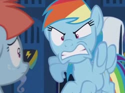 Size: 959x715 | Tagged: safe, screencap, rainbow dash, windy whistles, pegasus, pony, g4, parental glideance, angry, bags under eyes, cropped, faic, female, flapping, floppy ears, flying, frown, gritted teeth, locker room, lockers, mare, mother and child, mother and daughter, shrunken pupils, yelling