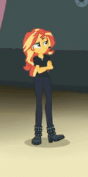 Size: 157x315 | Tagged: safe, screencap, sunset shimmer, all the world's off stage, all the world's off stage: micro chips, equestria girls, g4, my little pony equestria girls: better together, animated, backstage, cropped, crossed arms, director shimmer, female, foot tapping, frown, gif, solo, sunset shimmer is not amused, tapping, unamused