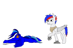 Size: 2152x1440 | Tagged: safe, artist:echoarts, oc, oc only, oc:blueflame, oc:silverarrow, hippogriff, pegasus, pony, faceplant, male, simple background, transparent background