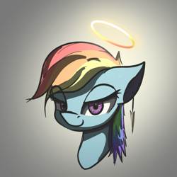 Size: 420x420 | Tagged: safe, anonymous artist, rainbow dash, angel, pegasus, pony, g4, bust, drawthread, female, gradient background, halo, lidded eyes, portrait, solo