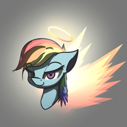 Size: 540x540 | Tagged: safe, alternate version, anonymous artist, rainbow dash, angel, pegasus, pony, g4, bust, drawthread, female, fiery wings, gradient background, halo, lidded eyes, portrait, solo, wings