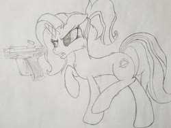 Size: 2016x1512 | Tagged: safe, artist:straighttothepointstudio, luster dawn, pony, g4, the last problem, angry, black and white, cutie mark, female, fluffy, grayscale, gun, handgun, long hair, long mane, long tail, monochrome, pistol, ponytail, solo, traditional art, weapon
