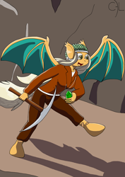 Size: 2480x3508 | Tagged: safe, artist:cyborglucario, oc, oc:misty tailwind, bat pony, anthro, unguligrade anthro, bat pony oc, bat wings, cave, gem, helmet, high res, pickaxe, wings