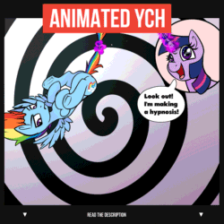 Size: 675x675 | Tagged: safe, artist:cornelia_nelson, artist:lazy_daissy, rainbow dash, twilight sparkle, pegasus, advertisement, animated, commission, gif, levitation, magic, rainbow dash is not amused, tail, tail pull, telekinesis, text, unamused, ych animation, ych example, your character here