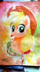 Size: 2322x4128 | Tagged: safe, artist:liaaqila, applejack, earth pony, pony, g4, :p, applejack's hat, clothes, cowboy hat, cute, female, hat, jackabetes, mare, painting, scarf, solo, tongue out, traditional art, watercolor painting