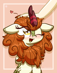 Size: 2560x3250 | Tagged: dead source, safe, artist:php142, autumn blaze, human, kirin, g4, awwtumn blaze, blushing, bust, cute, disembodied hand, female, floating heart, fluffy, hand, heart, high res, hooves to the chest, offscreen character, offscreen human, one eye closed, open mouth, petting
