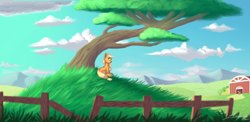 Size: 4100x2000 | Tagged: safe, artist:silverhopexiii, applejack, big macintosh, earth pony, pony, g4, barn, cloud, female, hatless, high res, male, mare, missing accessory, mountain, profile, scenery, sitting, sky, stallion, sweet apple acres, tree, under the tree