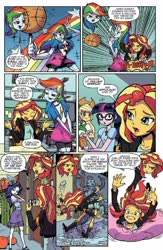Size: 600x923 | Tagged: safe, artist:pencils, idw, official comic, applejack, fluttershy, rainbow dash, rarity, sci-twi, sunset shimmer, twilight sparkle, robot, equestria girls, g4, spoiler:comic, spoiler:comicequestriagirlsmarchradness, balloon, balloon popping, basketball, clothes, lattice-bot, party balloon, popping, preview, school desk, shoes, spinning, sports