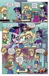 Size: 600x923 | Tagged: safe, artist:pencils, idw, official comic, applejack, pinkie pie, sci-twi, sunset shimmer, twilight sparkle, robot, equestria girls, g4, spoiler:comic, spoiler:comicequestriagirlsmarchradness, balloon, button, clothes, food, lattice-bot, pie, preview, school desk
