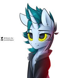 Size: 1700x1700 | Tagged: safe, artist:justafallingstar, oc, oc only, cyborg, pony, unicorn, augmented, bust, clothes, cyberpunk, male, portrait, simple background, solo