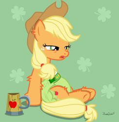 Size: 1024x1043 | Tagged: safe, artist:thunderdasher07, applejack, earth pony, pony, g4, abstract background, apple cider, applejack's hat, bags under eyes, clover, cowboy hat, diaper, diaper fetish, ear fluff, female, fetish, four leaf clover, hangover, hat, holiday, leg fluff, non-baby in diaper, poofy diaper, saint patrick's day, sitting, solo, stetson, waking up