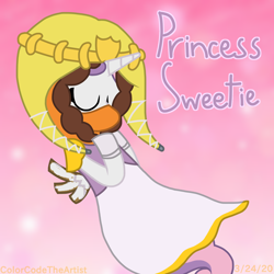 Size: 1536x1536 | Tagged: safe, artist:colorcodetheartist, sweetie belle, g4, abstract background, cardboard wings, clothes, crossover, crown, cute, dress, fake wings, jewelry, kenny mccormick, parka, princess, princess kenny, regalia, south park, south park: the stick of truth, wig