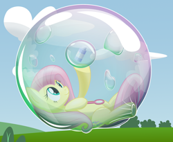 Size: 2448x2004 | Tagged: safe, artist:bladedragoon7575, fluttershy, pegasus, pony, bubble, bubble solution, bubble wand, cute, encasement, female, floating, in bubble, looking up, mare, shyabetes, smiling, soap bottle, soap bubble, solo, vector