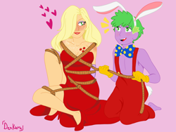 Size: 2048x1536 | Tagged: safe, artist:denkuru, applejack, spike, equestria girls, g4, alternate hairstyle, alternative cutie mark placement, blushing, bondage, bowtie, breasts, bunny ears, busty applejack, chest freckles, cleavage, clothes, cosplay, costume, crossover, disney, dress, equestria girls-ified, female, freckles, hair over one eye, hatless, heart, heart eyes, high heels, jessica rabbit, jessica rabbit dress, kneeling, loose hair, male, missing accessory, open mouth, overalls, pink background, roger rabbit, rope, ship:applespike, shipping, shoes, simple background, sitting, straight, strapless, tied up, who framed roger rabbit, wingding eyes