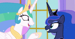 Size: 1182x623 | Tagged: safe, screencap, princess celestia, princess luna, alicorn, pony, between dark and dawn, g4, animated, crown, cute, cutelestia, duo, ethereal mane, excited, eyes closed, eyeshadow, female, flowing mane, folded wings, gif, grin, hoof shoes, hoofbump, jewelry, looking at each other, lunabetes, makeup, mare, multicolored mane, regalia, royal sisters, sibling love, siblings, sisterly love, sisters, smiling, talking, tiara, wings