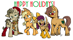 Size: 2352x1300 | Tagged: safe, artist:lucas_gaxiola, applejack, oc, oc:lauren juice, earth pony, pegasus, pony, g4, christmas, clothes, earth pony oc, female, freckles, happy holidays, hat, holiday, male, mare, open mouth, pegasus oc, raised hoof, santa hat, scarf, signature, simple background, smiling, smirk, stallion, text, unshorn fetlocks, white background, wings