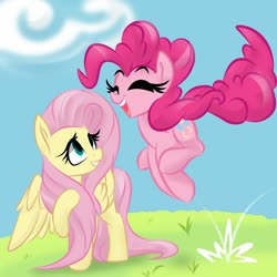 Size: 1000x1000 | Tagged: safe, artist:jen-neigh, fluttershy, pinkie pie, earth pony, pegasus, pony, g4, cute, diapinkes, duo, eyes closed, female, mare, open mouth, pronking, smiling