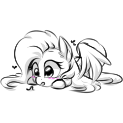Size: 760x760 | Tagged: safe, artist:jen-neigh, fluttershy, pegasus, pony, worm, g4, blushing, cute, ear fluff, female, heart, looking at something, mare, monochrome, prone, shyabetes, simple background, solo, white background