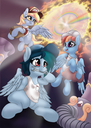 Size: 813x1150 | Tagged: safe, artist:manifest harmony, derpy hooves, windy whistles, oc, oc:delta vee, pegasus, pony, series:save the world, g4, box, cap, clothes, coronavirus, covid-19, hat, heart eyes, heart nostrils, helmet, looking up, mailmare, mouth hold, pegasus oc, shirt, sleeveless, sleeveless shirt, sonic rainboom, trio, weather factory, weather factory uniform, wingding eyes, wings, wrench