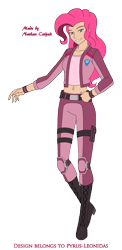 Size: 1455x2989 | Tagged: safe, artist:pyrus-leonidas, part of a set, pinkie pie, human, series:mortal kombat:defenders of equestria, g4, bedroom eyes, belly button, belt, boots, clothes, crossover, digital art, female, grin, humanized, jacket, knee pads, legs, looking at you, midriff, mortal kombat, pants, part of a series, shoes, simple background, smiling, solo, transparent background, video game crossover, woman