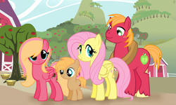 Size: 3657x2201 | Tagged: safe, artist:lunaapple, big macintosh, fluttershy, oc, oc:apple seed, oc:shyflower, earth pony, pegasus, pony, g4, apple, apple tree, barn, base used, brother and sister, bucket, colt, cutie mark, family, father and child, father and daughter, father and son, female, filly, freckles, high res, hill, horse collar, looking at someone, looking at you, looking away, male, mare, mother and child, mother and daughter, mother and son, offspring, parent:big macintosh, parent:fluttershy, parents:fluttermac, ship:fluttermac, shipping, siblings, stallion, straight, sweet apple acres, tree
