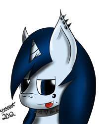 Size: 1693x1873 | Tagged: safe, artist:crescentpony, oc, oc only, oc:crescent moon, pony, unicorn, :p, bust, choker, ear piercing, fangs, female, horn, mare, piercing, signature, simple background, solo, tongue out, transparent background, unicorn oc