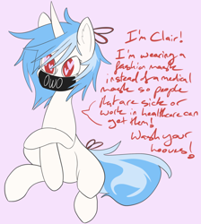 Size: 1706x1906 | Tagged: safe, artist:clair, oc, oc only, oc:clair, oc:clairvoyance, pony, unicorn, blackletter, coronavirus, covid-19, face mask, heart eyes, owo, ppe, ribbon, simple background, solo, text, wingding eyes
