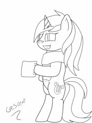 Size: 965x1280 | Tagged: safe, artist:crescentpony, lyra heartstrings, pony, unicorn, g4, bipedal, clothes, cup, female, hoof hold, lineart, mare, monochrome, mug, scarf, signature, solo