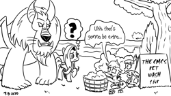 Size: 1200x675 | Tagged: safe, artist:pony-berserker, apple bloom, fluttershy, scootaloo, sweetie belle, earth pony, manticore, pegasus, pony, unicorn, pony-berserker's twitter sketches, g4, black and white, cutie mark crusaders, female, filly, foal, grayscale, mare, monochrome, question mark, soap, speech bubble, thought bubble