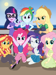 Size: 1500x2000 | Tagged: safe, artist:saltymango, applejack, fluttershy, pinkie pie, rainbow dash, rarity, sci-twi, sunset shimmer, twilight sparkle, equestria girls, g4, alternate clothes, alternate hairstyle, cute, happy, humane five, humane seven, humane six, looking at you