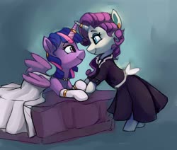 Size: 3000x2544 | Tagged: safe, artist:lilfunkman, rarity, twilight sparkle, alicorn, pony, unicorn, g4, bed, clothes, crossed horns, dress, ear piercing, earring, eye contact, fanfic art, female, high res, hoof hold, horn, horn ring, horns are touching, jewelry, lesbian, lesbian wedding, looking at each other, mare, necklace, on bed, piercing, ring, ship:rarilight, shipping, story included, twilight sparkle (alicorn), wedding dress, wedding night, wedding ring