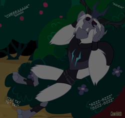 Size: 1240x1171 | Tagged: safe, artist:maretrick, storm king, yeti, g4, my little pony: the movie, antagonist, armor, bush, claws, crown, eyebrows, eyes closed, fangs, flower, horns, jewelry, night, onomatopoeia, regalia, signature, sound effects, storm king's emblem, tree