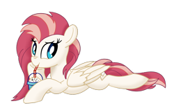 Size: 1540x964 | Tagged: safe, artist:notadeliciouspotato, oc, oc only, oc:aureai, pegasus, pony, bendy straw, cookie, drink, drinking, drinking straw, female, folded wings, food, hoof on chin, looking at you, mare, milkshake, oreo, prone, simple background, smiling, solo, straw, transparent background, wings