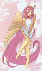 Size: 900x1518 | Tagged: safe, artist:haydee, fluttershy, anthro, unguligrade anthro, g4, abstract background, clothes, cute, dress, female, flower, human facial structure, looking at you, shyabetes, solo
