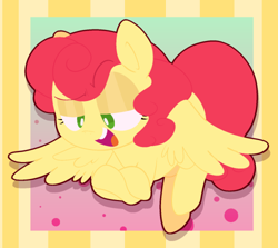 Size: 500x446 | Tagged: safe, artist:pinkiespresent, strawberry sunrise, pegasus, pony, g4, abstract background, crossed hooves, female, lidded eyes, mare, open mouth, smug, solo