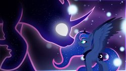 Size: 1920x1080 | Tagged: safe, artist:mynder, princess luna, tantabus, alicorn, pony, g4, complex background, female, lineless, looking at each other, mare