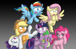 Size: 3000x1941 | Tagged: source needed, useless source url, safe, artist:aleximusprime, applejack, fluttershy, pinkie pie, rainbow dash, rarity, spike, twilight sparkle, alicorn, dragon, earth pony, pegasus, pony, unicorn, g4, blushing, covering eyes, digital art, female, mane seven, mane six, mare, one of these things is not like the others, pinkie being pinkie, surprised, twilight sparkle (alicorn)