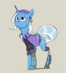 Size: 1000x1100 | Tagged: safe, artist:sinrar, trixie, cyborg, pony, unicorn, g4, amputee, cape, clothes, cyberpunk, female, looking at you, mare, prosthetic leg, prosthetic limb, prosthetics, simple background, tan background, trixie's cape