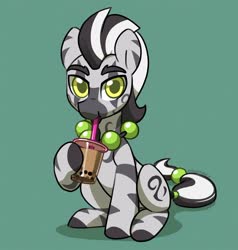 Size: 1716x1801 | Tagged: safe, artist:dawnfire, part of a set, oc, oc only, pony, zebra, bubble tea, commission, jewelry, looking at you, male, necklace, simple background, sitting, solo, zebra oc
