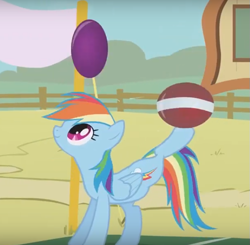 Size: 647x633 | Tagged: safe, screencap, rainbow dash, pegasus, pony, fall weather friends, g4, ball, cropped, female, iron pony, mare, playing, solo