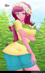 Size: 790x1258 | Tagged: safe, artist:clouddg, gloriosa daisy, equestria girls, g4, my little pony equestria girls: legend of everfree, breasts, busty gloriosa daisy, clothes, crepuscular rays, female, floral head wreath, flower, looking at you, multiple variants, open mouth, shorts, solo