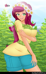 Size: 790x1258 | Tagged: safe, alternate version, artist:clouddg, gloriosa daisy, human, equestria girls, g4, breasts, busty gloriosa daisy, crepuscular rays, cute, female, floral head wreath, flower, flower in hair, human coloration, looking at you, multiple variants, open mouth, solo